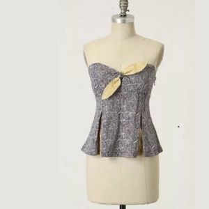 Anthro ODILLE Force Field Strapless Top Blouse Blue White Yellow Bow Tie Front